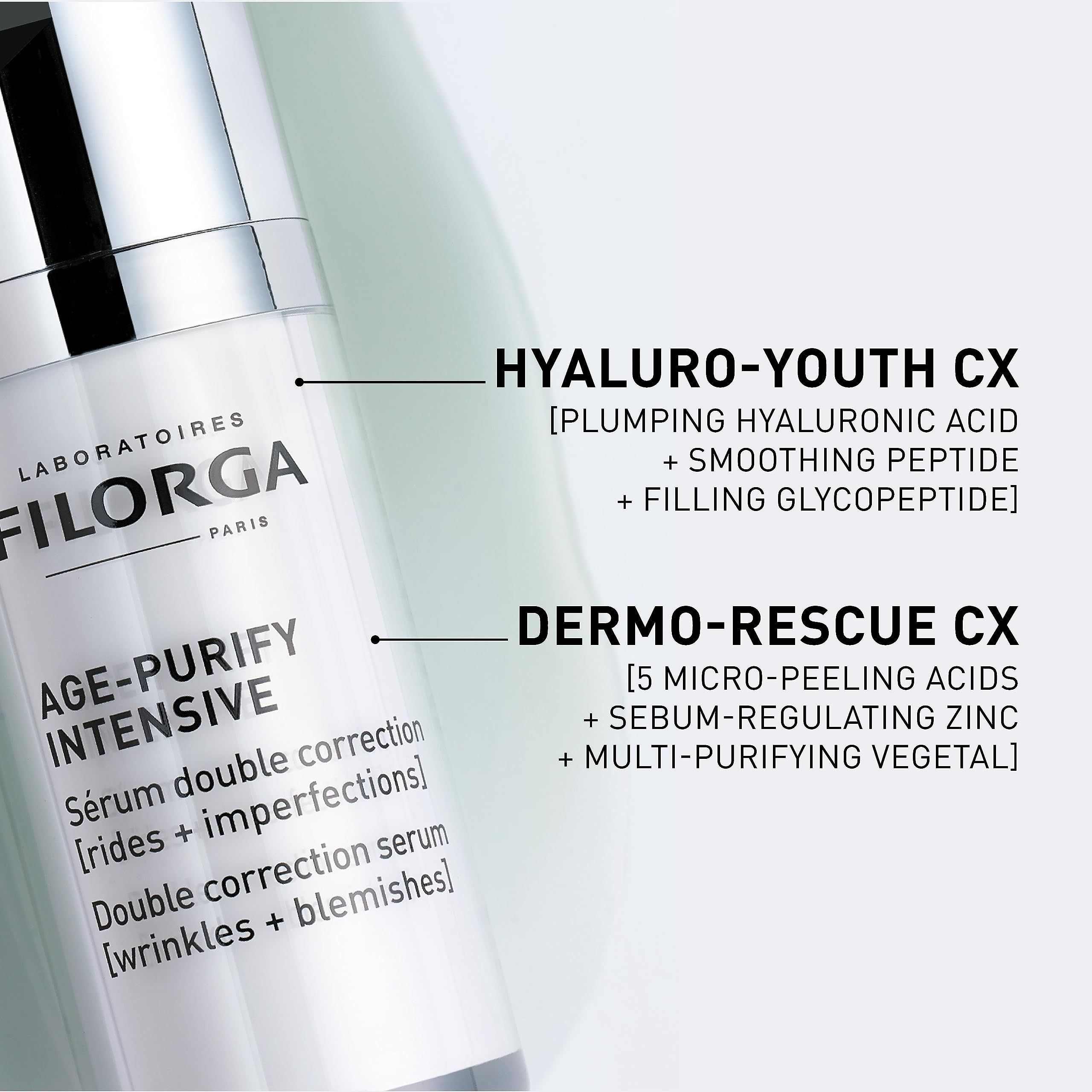 Nahaufnahme des Filorga Age-Purify Intensive Serum. Text hervorhebungen: Hyaluro-Youth CX und Dermo-Rescue CX.