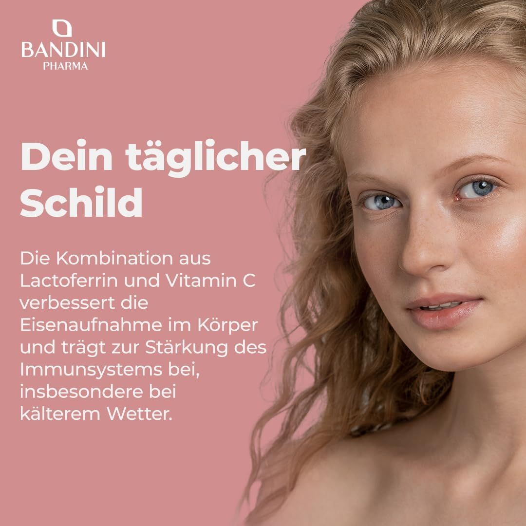 Porträt einer Frau mit hellem Teint. Text: Dein täglicher Schild. Lactoferrin und Vitamin C.
