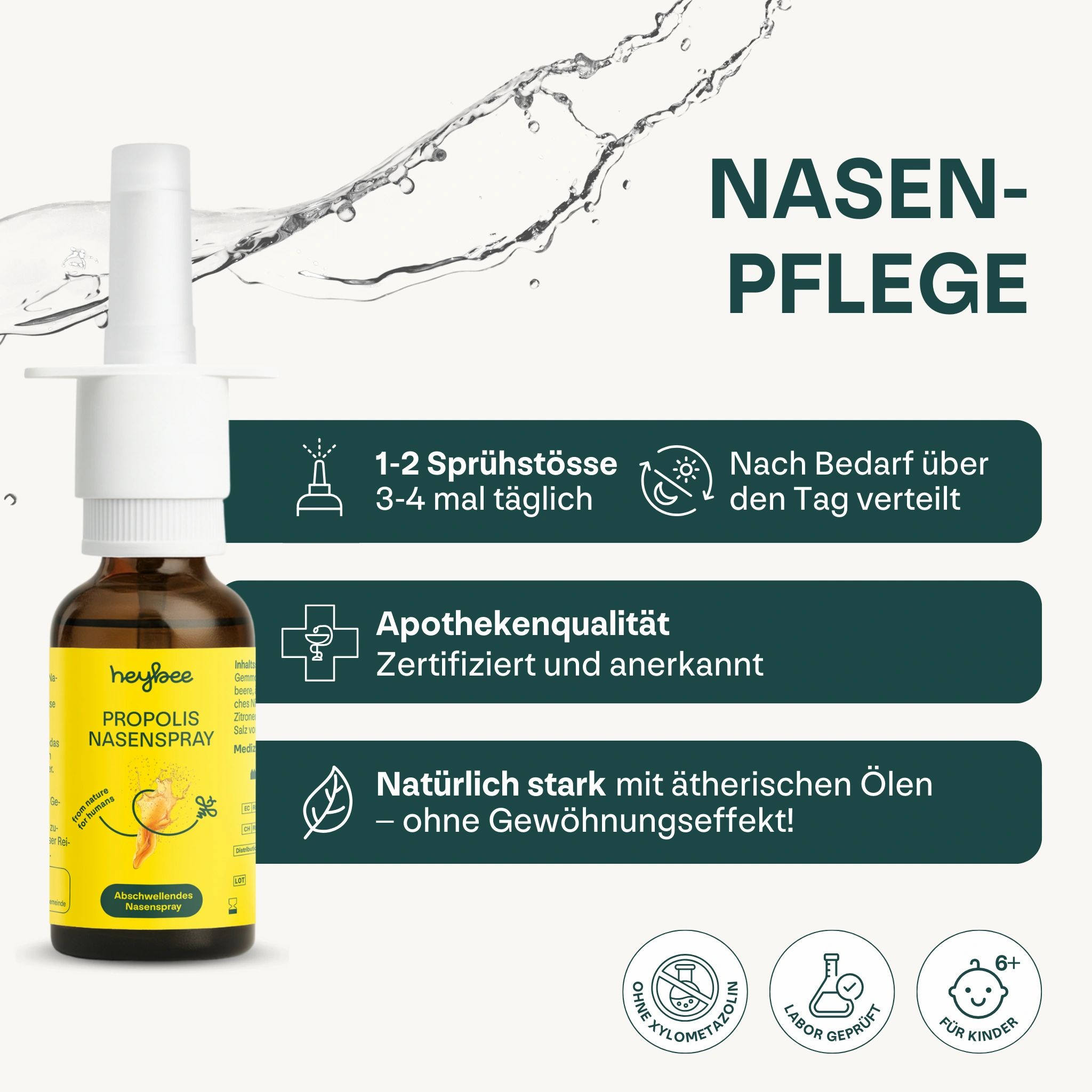 Nasenspray mit Text: 1-2 Sprühstöße, 3-4 mal täglich. Apothekenqualität. Zertifiziert und anerkannt. Ohne Xylometazolin. Laborgeprüft.
