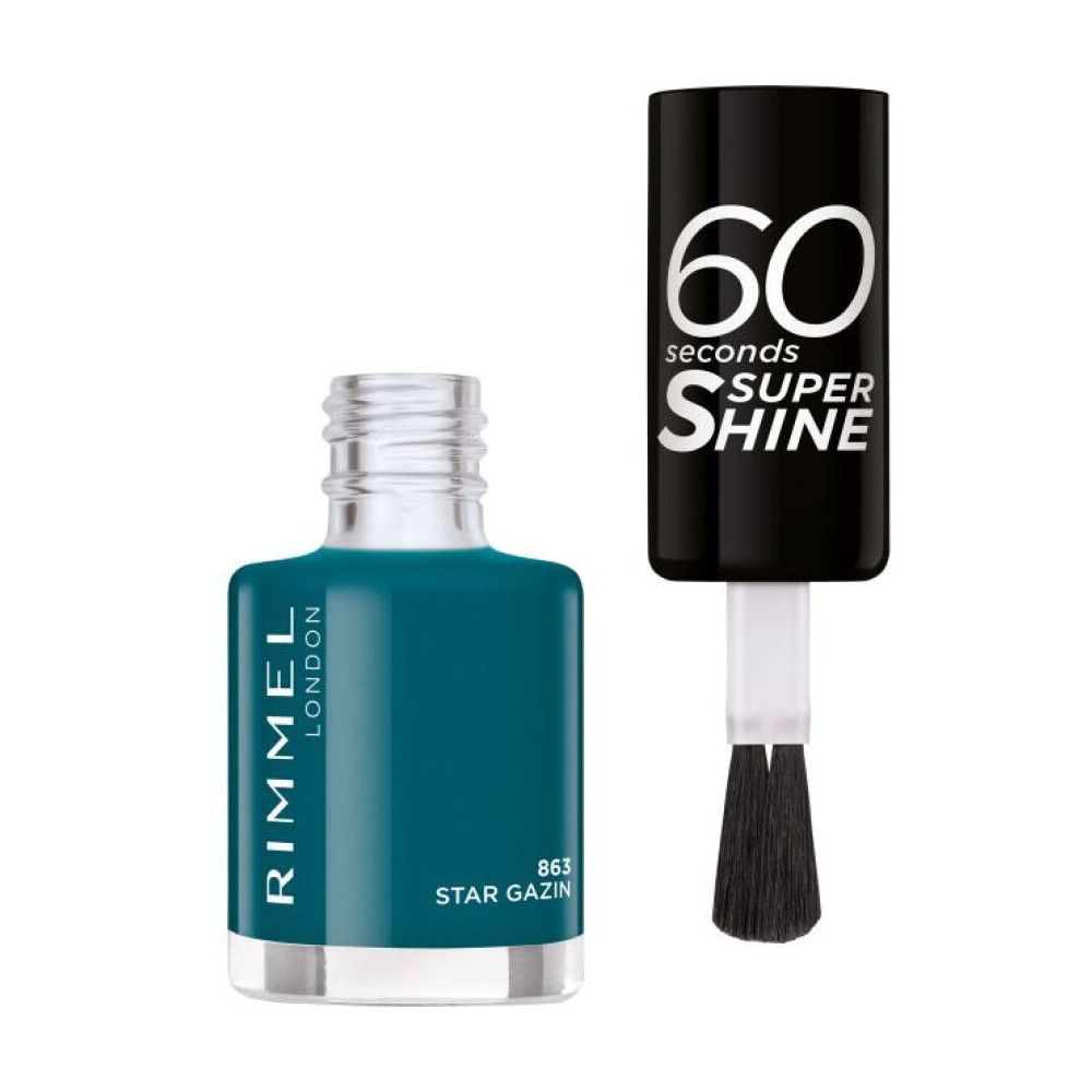 Nagellackflasche, blaugrün, offen, mit Pinsel. Schwarzer Deckel mit "60 seconds SUPER SHINE". "RIMMEL LONDON" auf der Flasche.