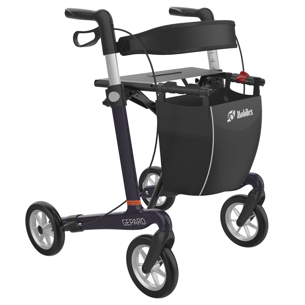 Rollator mit Softrädern. Schwarzer Rahmen, Sitz und Korb. Gepard-Schriftzug. Marke Mobilex.