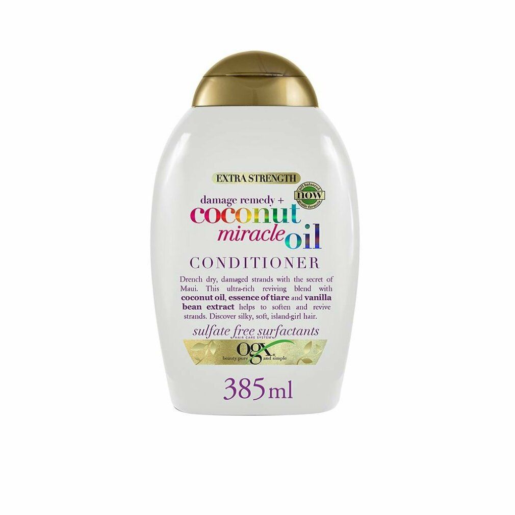 Weiße Flasche mit goldfarbenem Deckel. Aufschrift: Coconut Miracle Oil Conditioner. Volumen: 385 ml. Enthält Kokosöl.