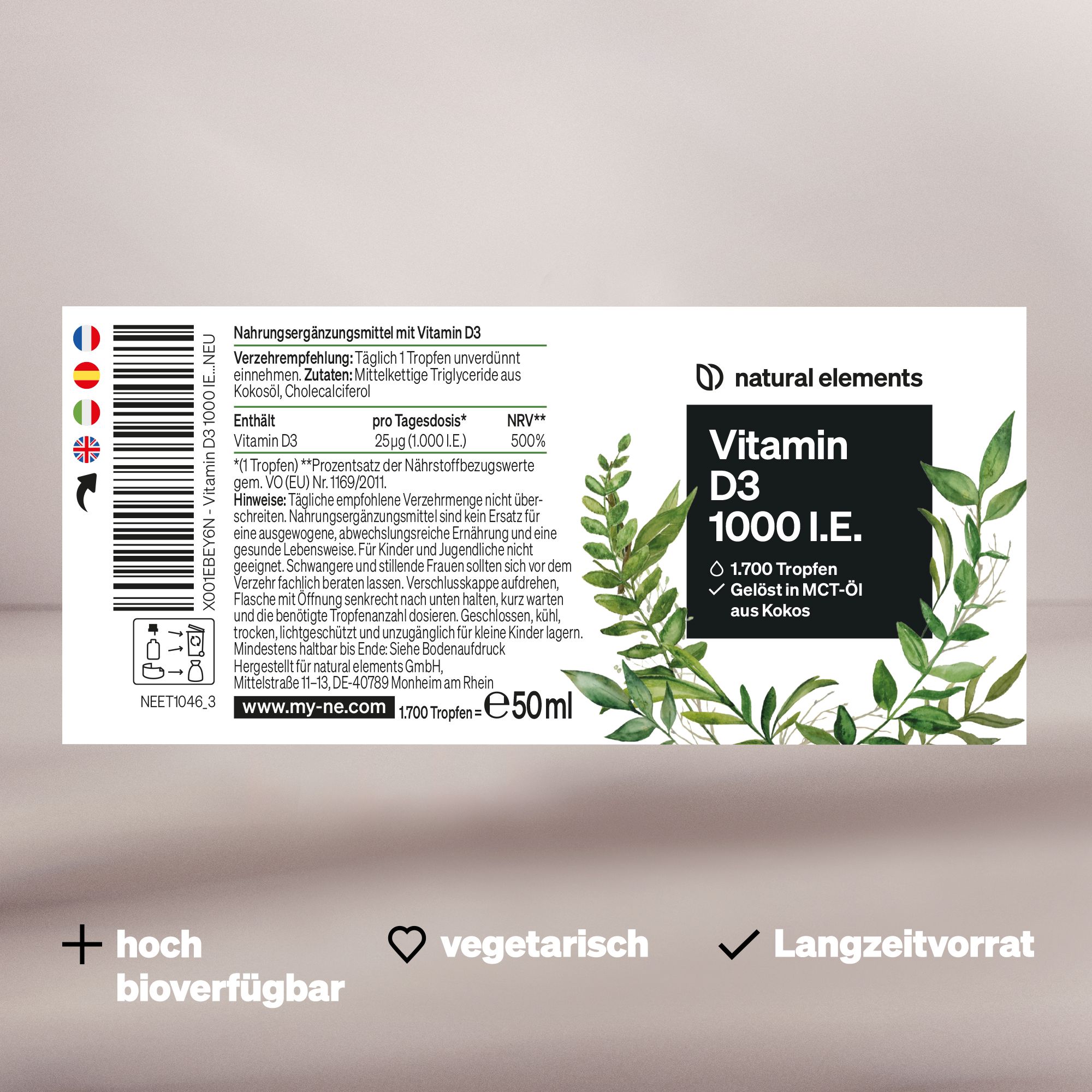 natural elements Vitamin D3 Tropfen – 1000 I.E./Tagesdosis – Langzeitvorrat – in MCT-Kokosöl gelöst