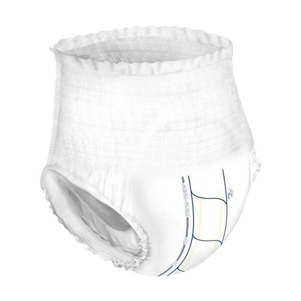 Abena Abri-Flex Premium M2. Weiße Inkontinenzhose. Elastischer Bund und Beinabschlüsse. Blaue und gelbe Details. Nahaufnahme.