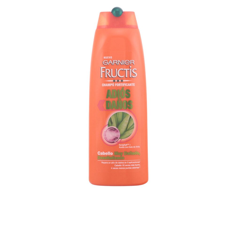 Orangefarbene Shampoo-Flasche. Garnier Fructis-Logo. Text: Adios Daños, Shampoo Fortificante.