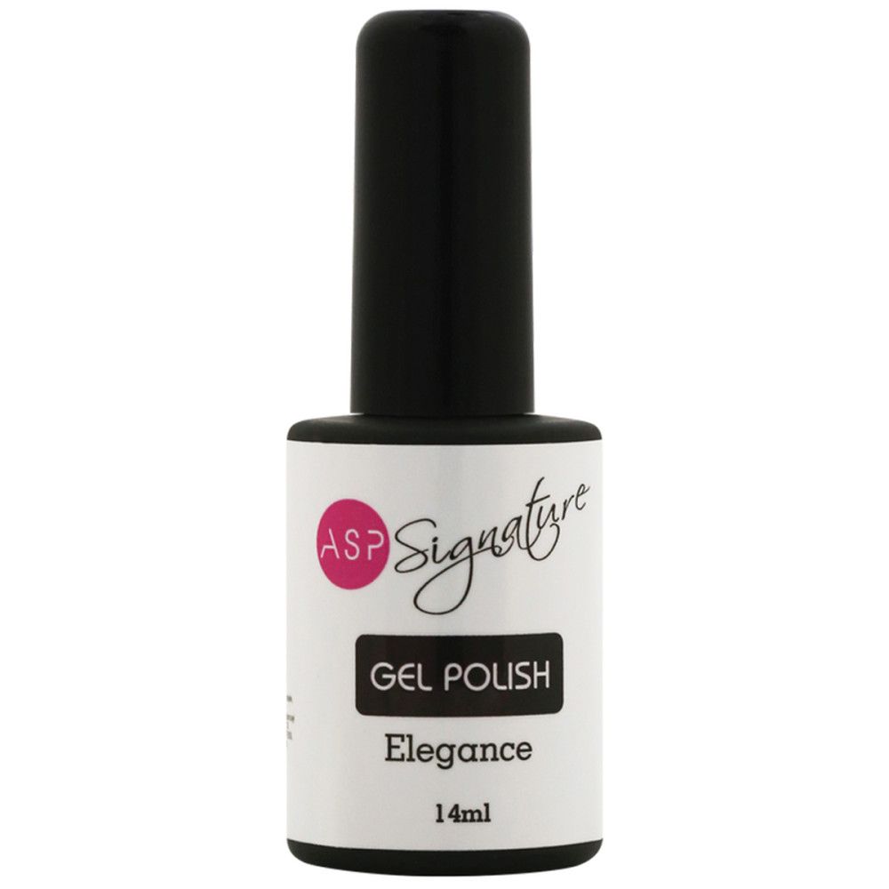 Nagellackflasche mit schwarzem Deckel. Etikett mit ASP Signature Gel Polish, Elegance, 14ml.