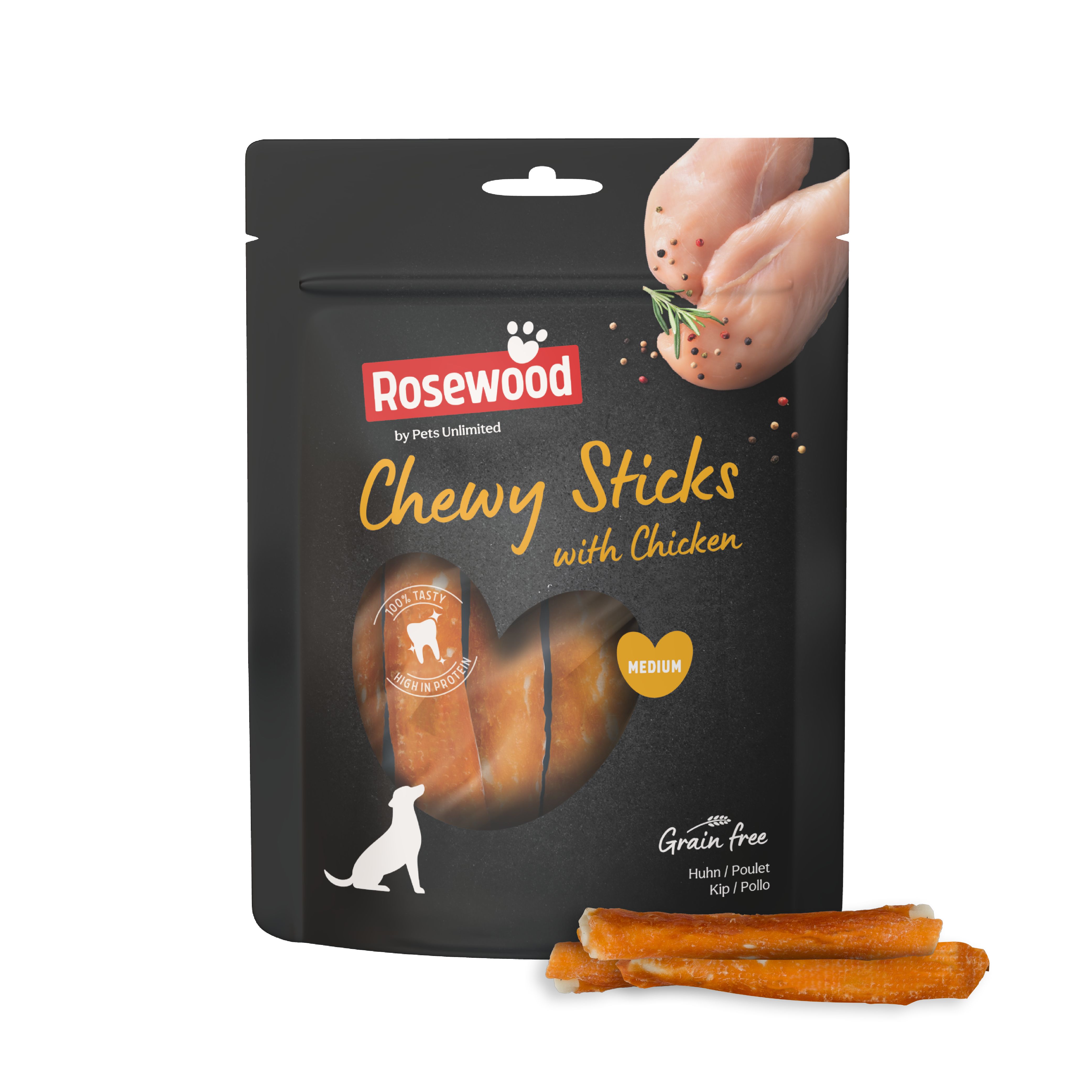 Schwarze Verpackung mit Rosewood Chewy Sticks mit Huhn. Medium-Größe. Einige Sticks liegen daneben. Hundesilhouette.