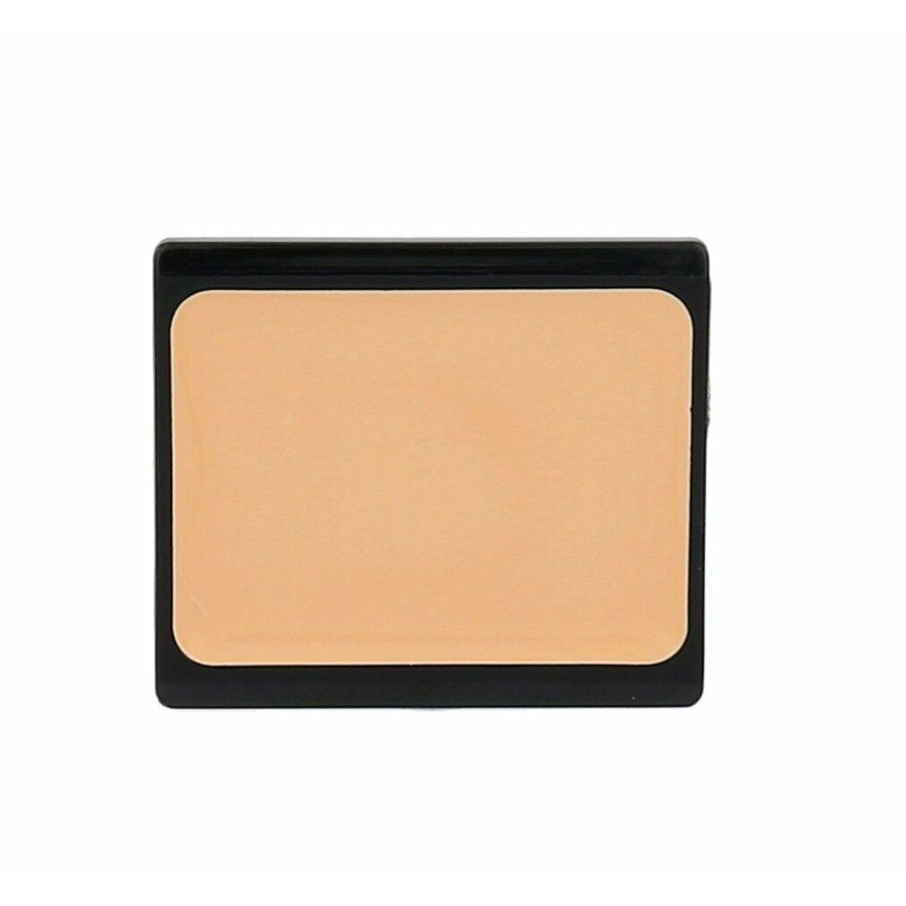 Kompakte, rechteckige Camouflage-Creme in einem schwarzen Behälter. Helle, beige Farbe. Abgerundete Ecken.