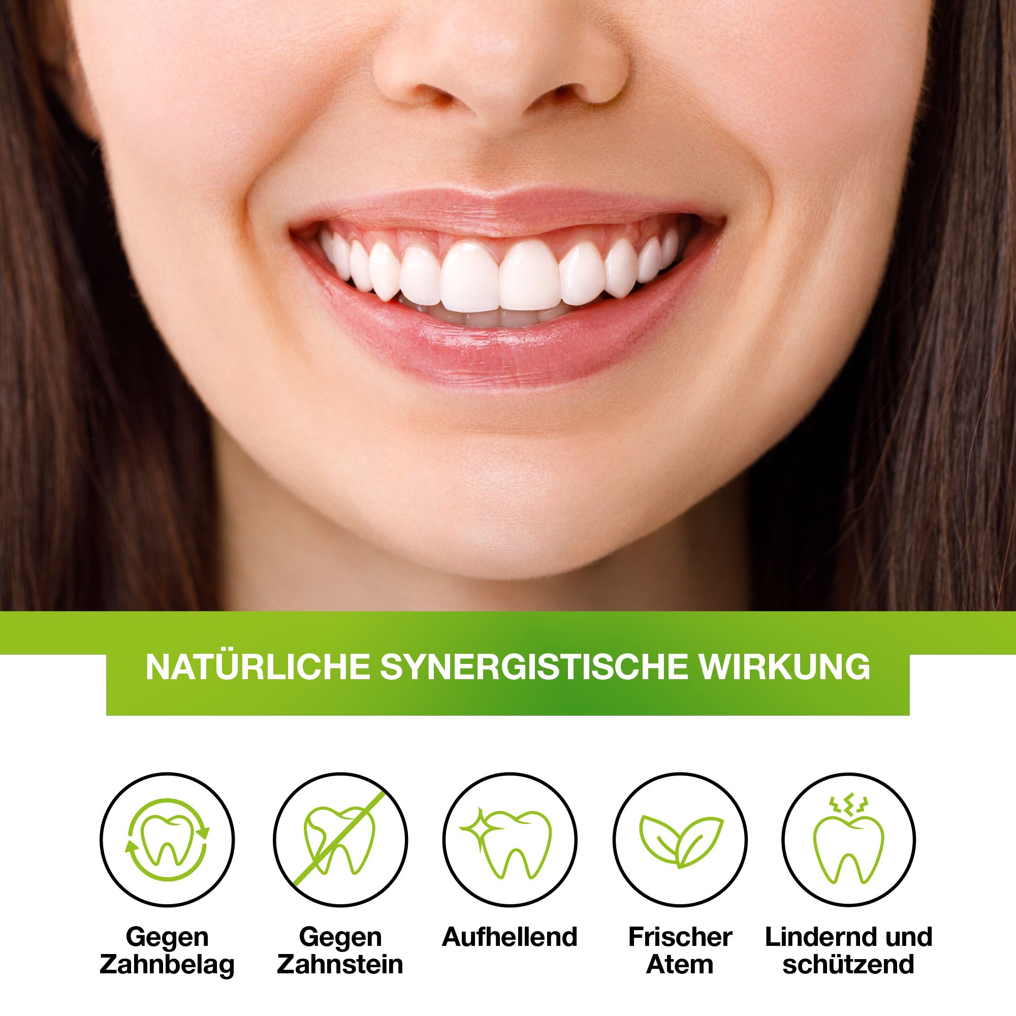 Nahaufnahme eines Lächelns mit weißen Zähnen. Darunter Symbole: Zahn, kein Zahnstein, weißer Zahn, Blatt, frischer Atem, beruhigend.