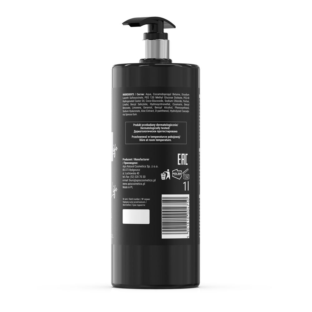 Schwarze Flasche, Rückseite. Text: Inhaltsstoffe, Herstellerinformationen, Barcode, 1L. Aufschrift: APIS.