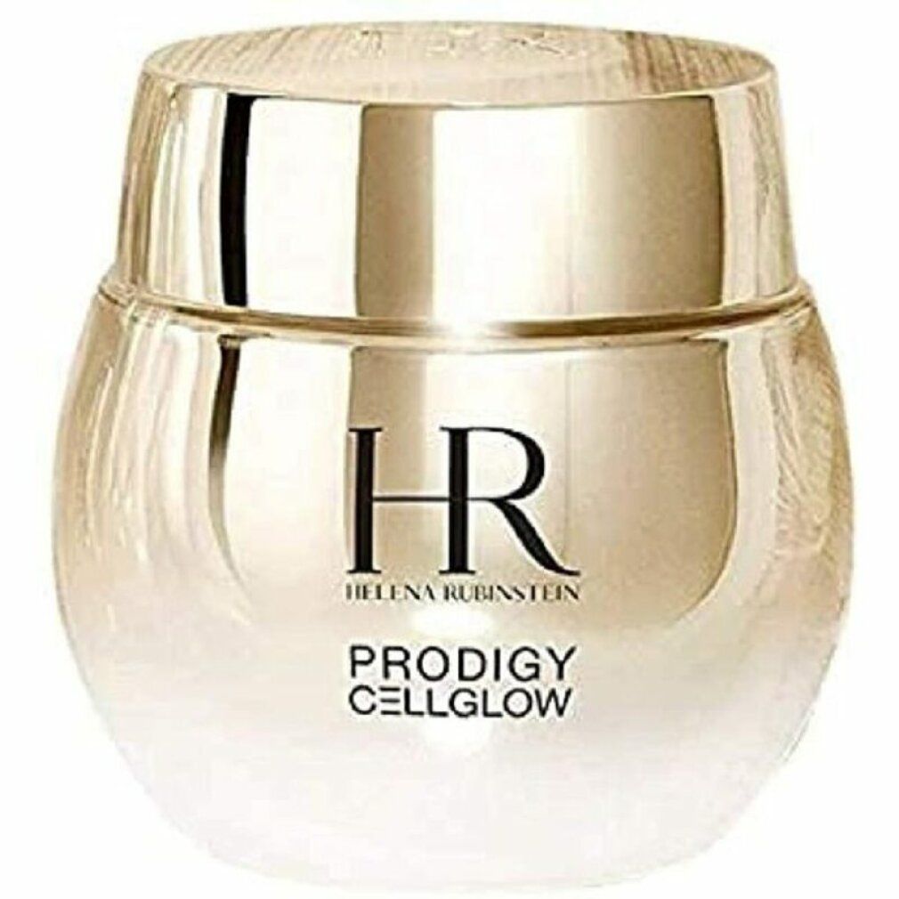 Cremebehälter mit goldfarbenem Deckel und Schriftzug. Aufschrift: HR, PRODIGY CELLGLOW. Marke: Helena Rubinstein.