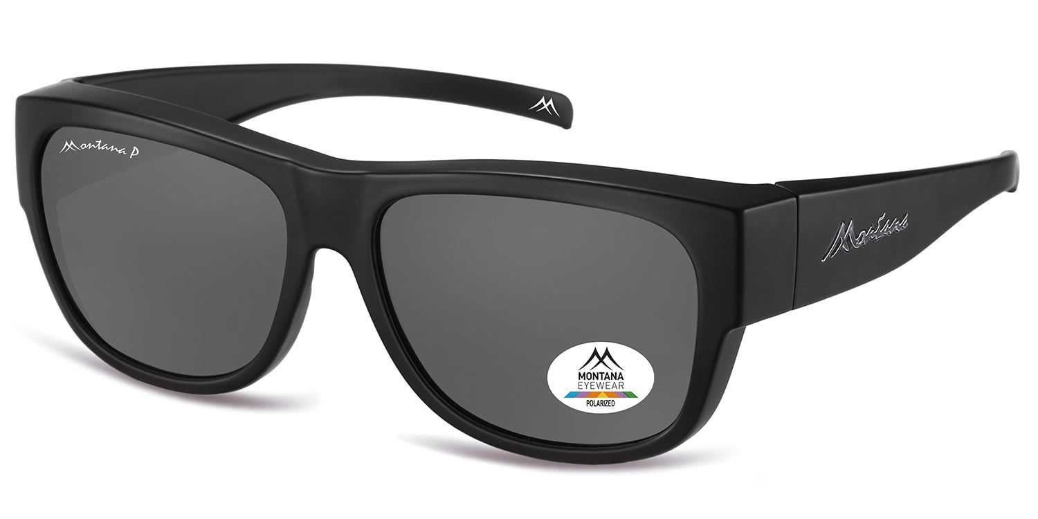 Schwarze Sonnen-Überbrille. Montana Eyewear Logo und Polarisations-Aufkleber. Breiter Rahmen, seitlicher Schutz.