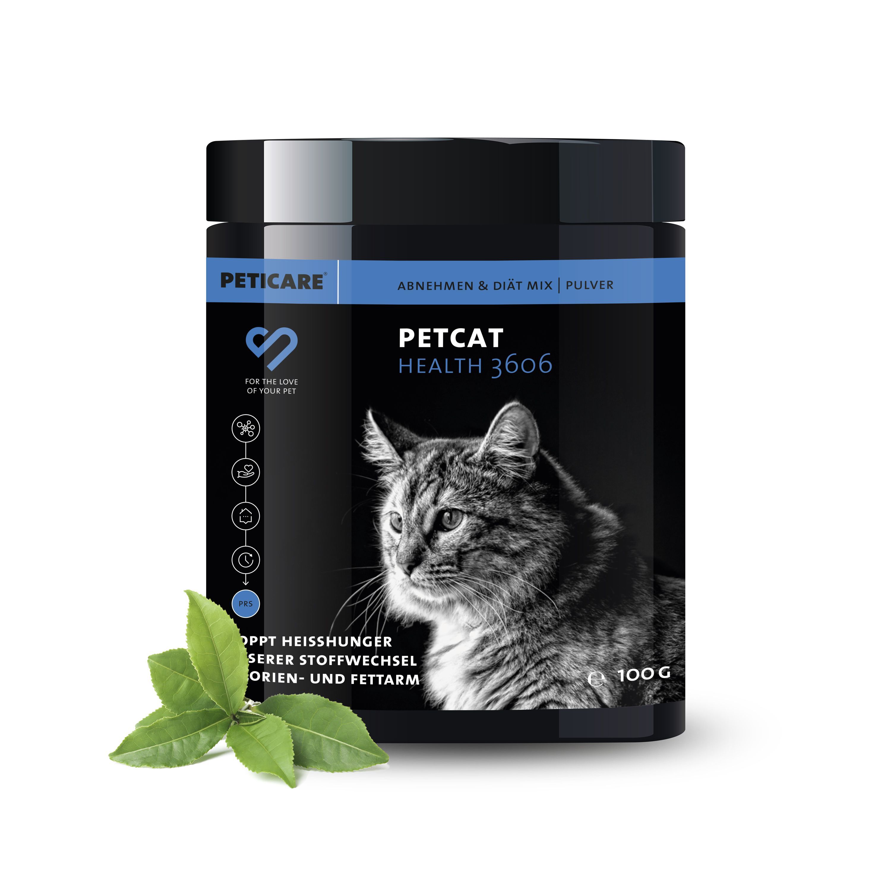 Schwarze Dose mit Aufschrift PETICARE PETCAT HEALTH 3606. Abnehmen & Diät Mix Pulver. Katze abgebildet. 100g.