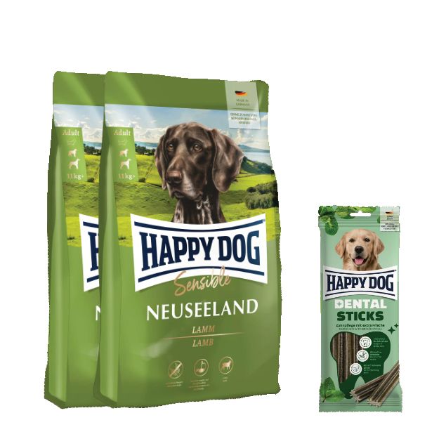 Happy Dog Sensible Neuseeland Doppelpack + Dental Sticks für Hunde 25,1 kg