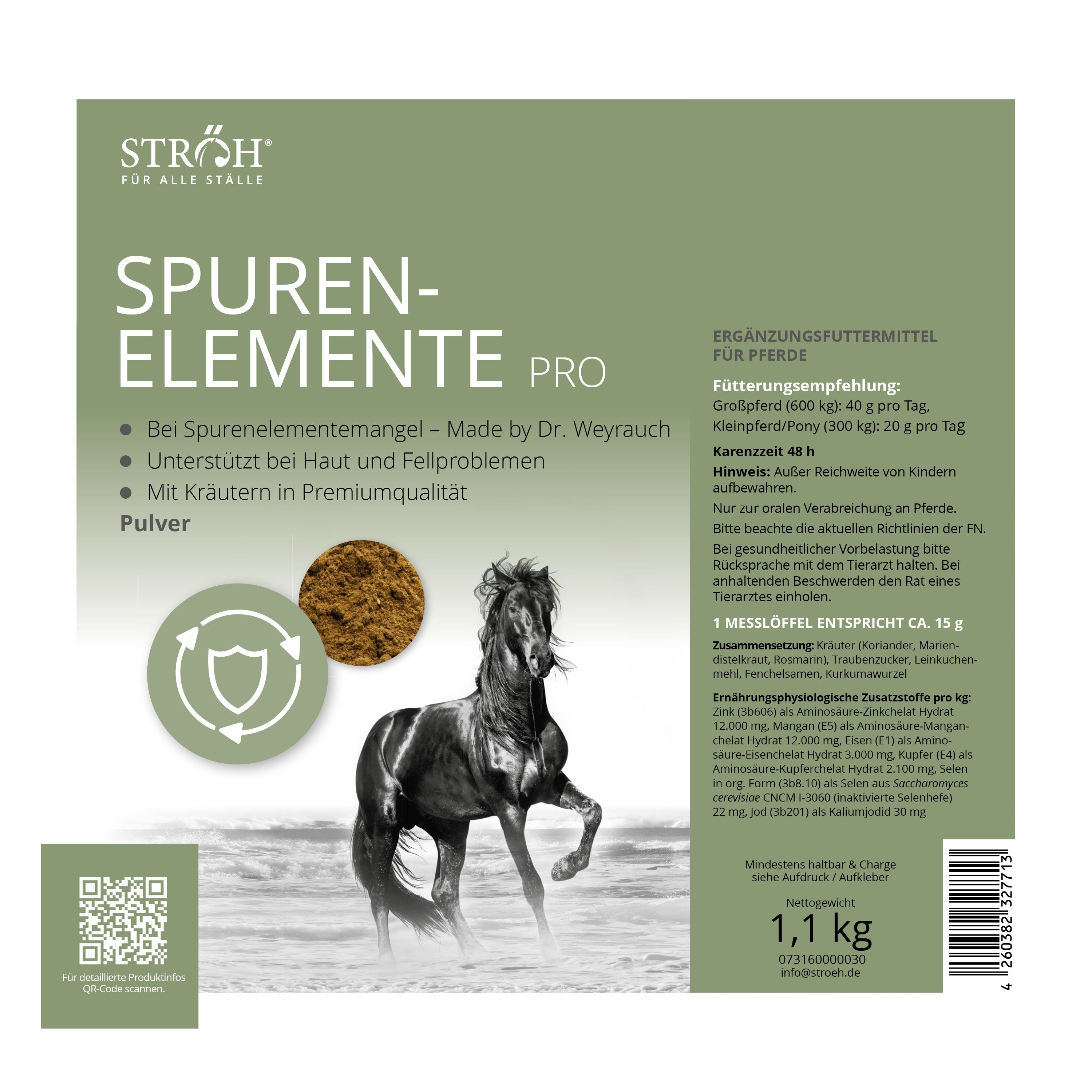 Verpackung STRÖH Spurenelemente Pro Pulver. Grün-weiße Farbgebung. Logo mit Pferd. Text: Spurenelemente Pro, Pulver. 1,1 kg. Ergänzungsfuttermittel für Pferde.