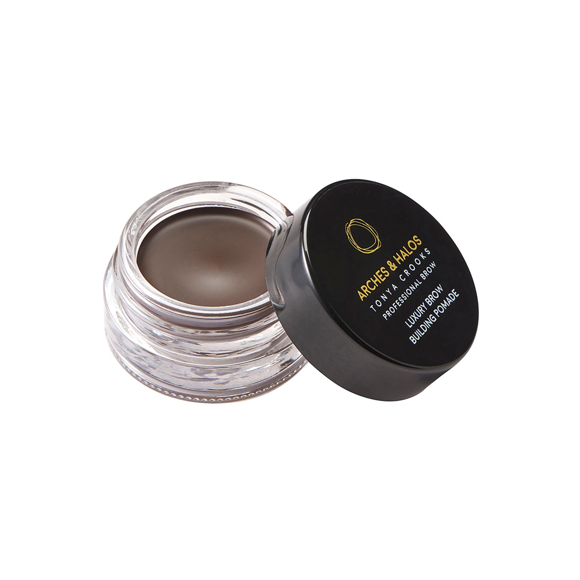 Braunes Augenbrauenpomade in einem Glasbehälter mit schwarzem Deckel. Marke: Arches & Halos.