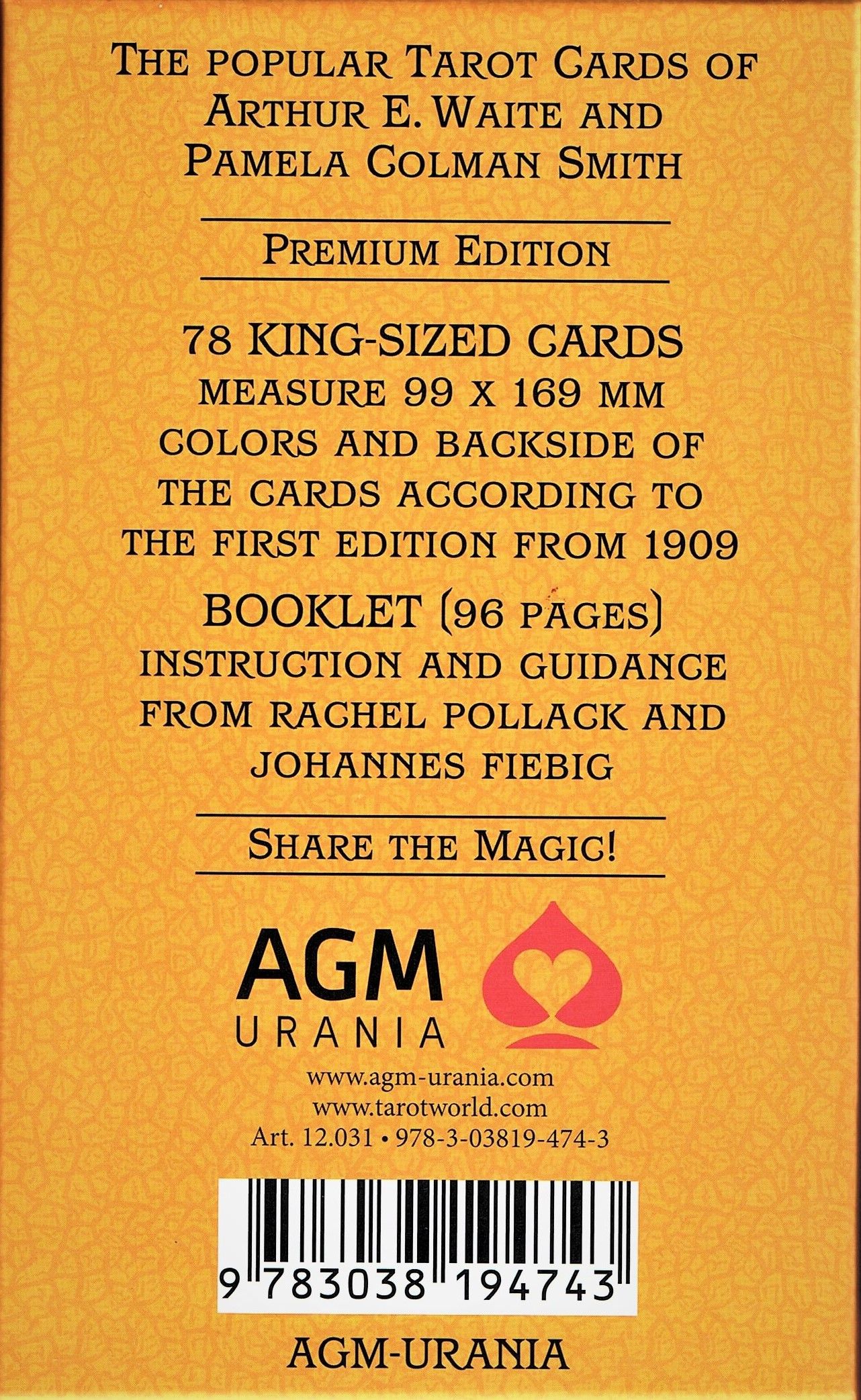 Rückseite der Tarotkarten-Box. Text: Premium Edition, 78 Karten, 99 x 169 mm, Booklet (96 Seiten). Logo AGM Urania.