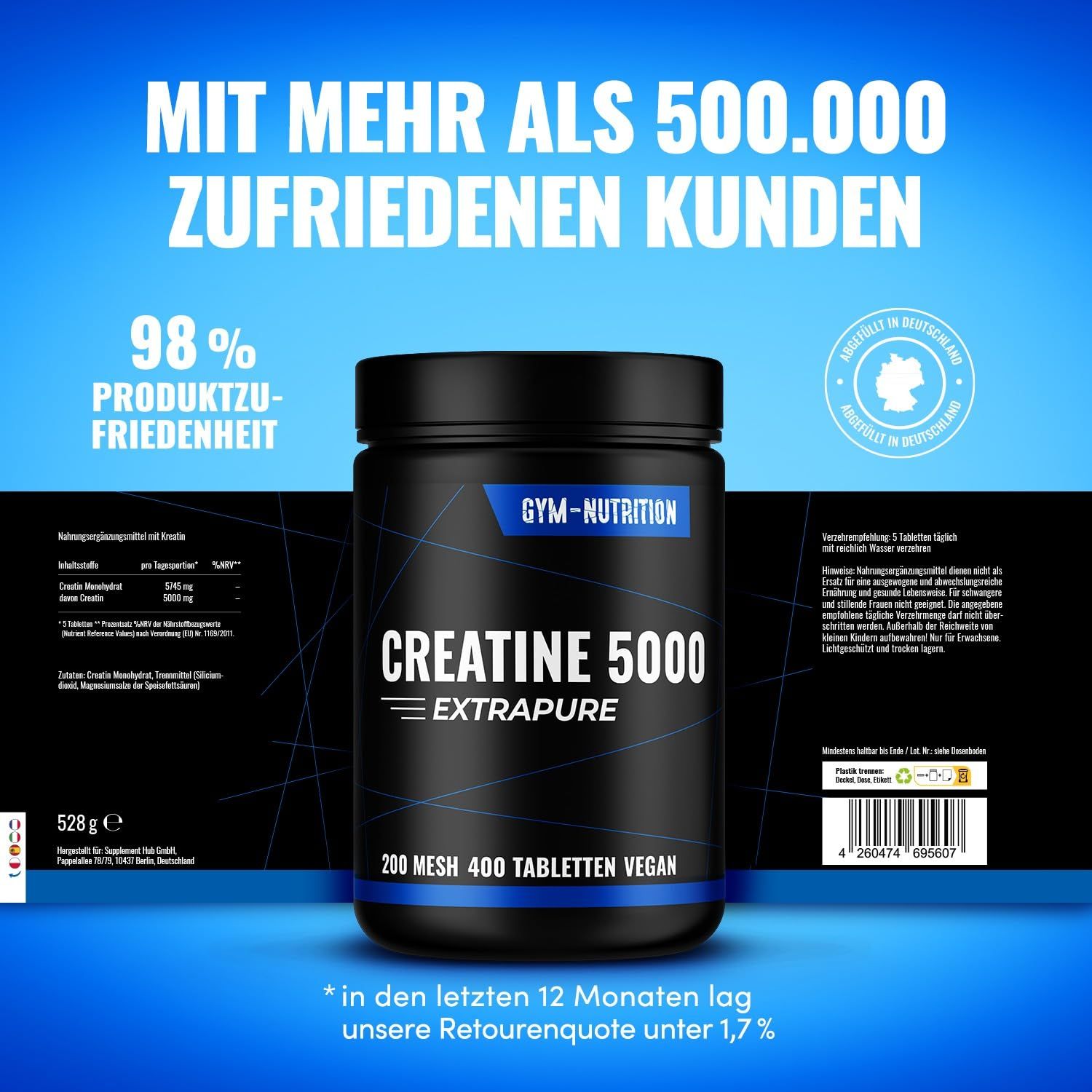 Schwarze Dose mit Aufschrift CREATINE 5000 EXTRAPURE, 200 Mesh, 400 Tabletten, Vegan. Gym-Nutrition Logo. Text: 98% Produktzufriedenheit.