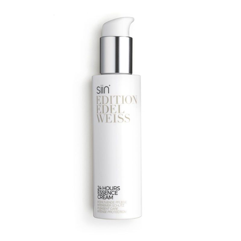 Weiße Flasche mit silbernem Pumpkopf. Aufschrift: siin EDITION EDELWEISS. Text: 24 HOURS ESSENCE CREAM.