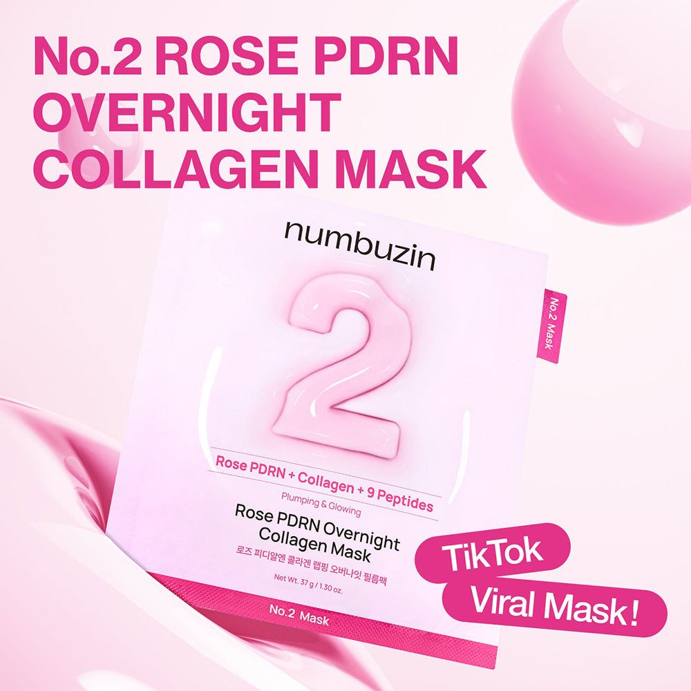 Verpackung der NUMBUZIN Nr.2 Rose PDRN Overnight Collagen Hydrogel-Maske, beworben als TikTok Viral Mask.