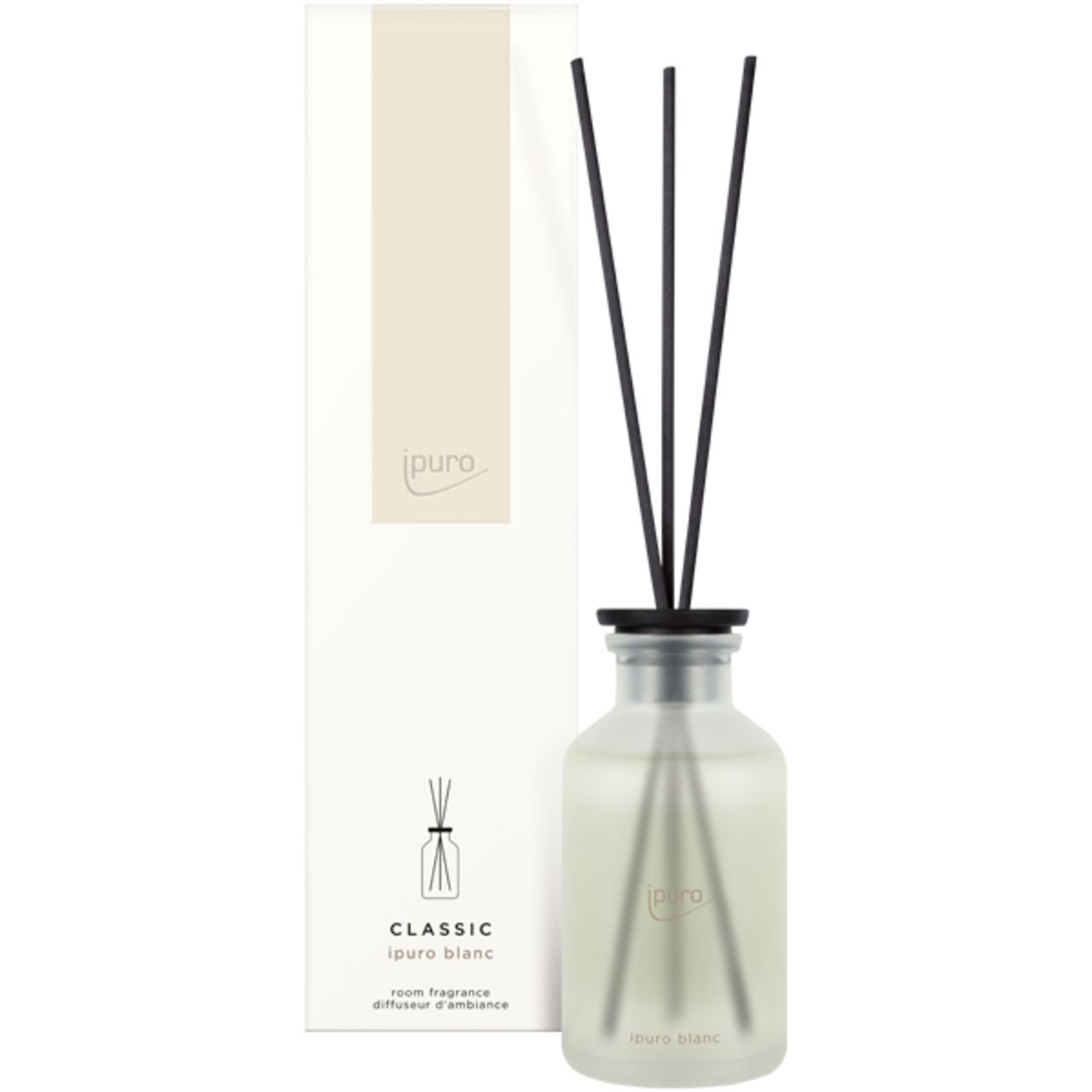 Glasflakon mit schwarzen Stäbchen und Verpackung. Aufschrift: Ipuro, Classic Blanc.