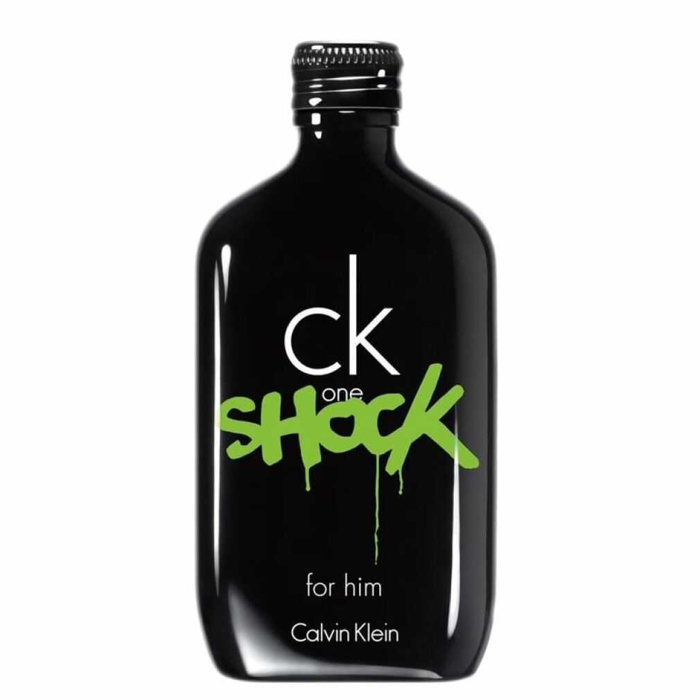 Schwarze Flasche mit grünem Schriftzug. Aufschrift: ck one SHOCK for him. Eau de Toilette Spray.