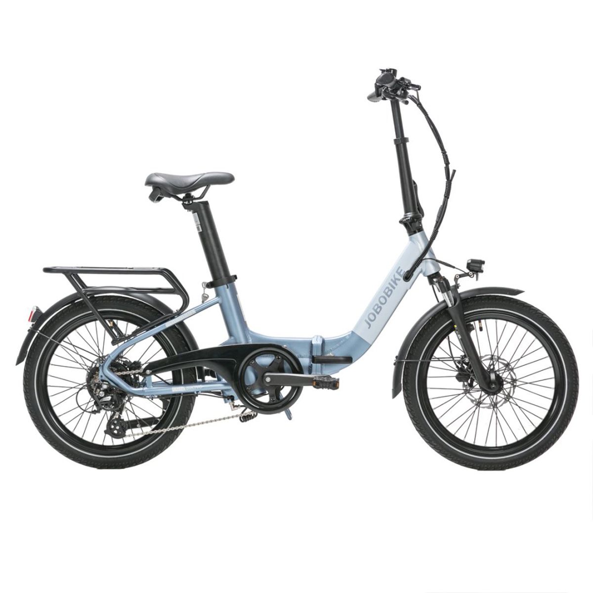 JOBOBIKE Ace Pro E-Bike, hellgrau. Schwarze Reifen, Gepäckträger, Sattel und Lenker. JOBOBIKE-Schriftzug.
