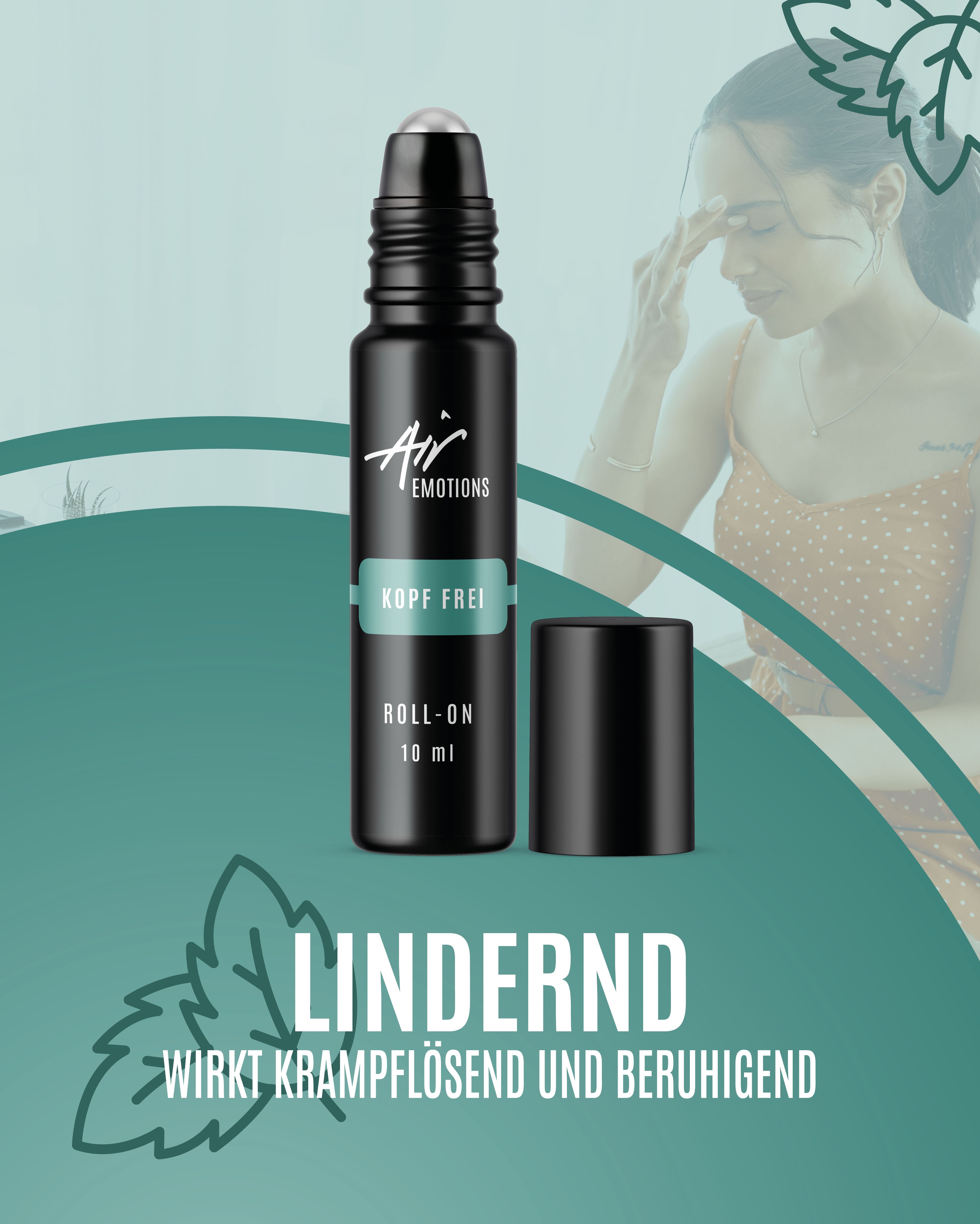 Schwarze Roll-On-Flasche mit "Kopf frei"-Etikett und Kappe. Text: "Air Emotions", "10 ml", und "Lindernd".