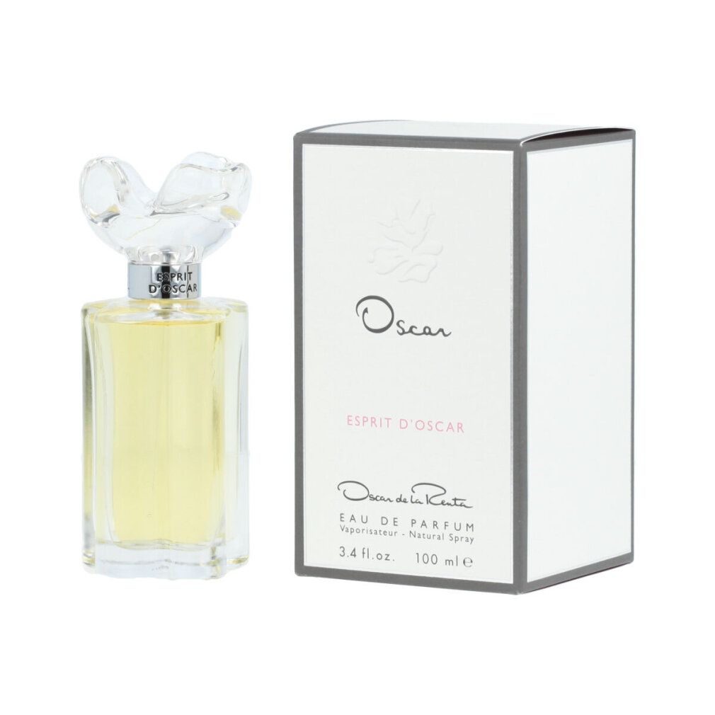 Parfümflasche und Schachtel. Flasche mit blütenförmigem Verschluss. Aufschrift: Oscar, Esprit d'Oscar, Eau de Parfum.