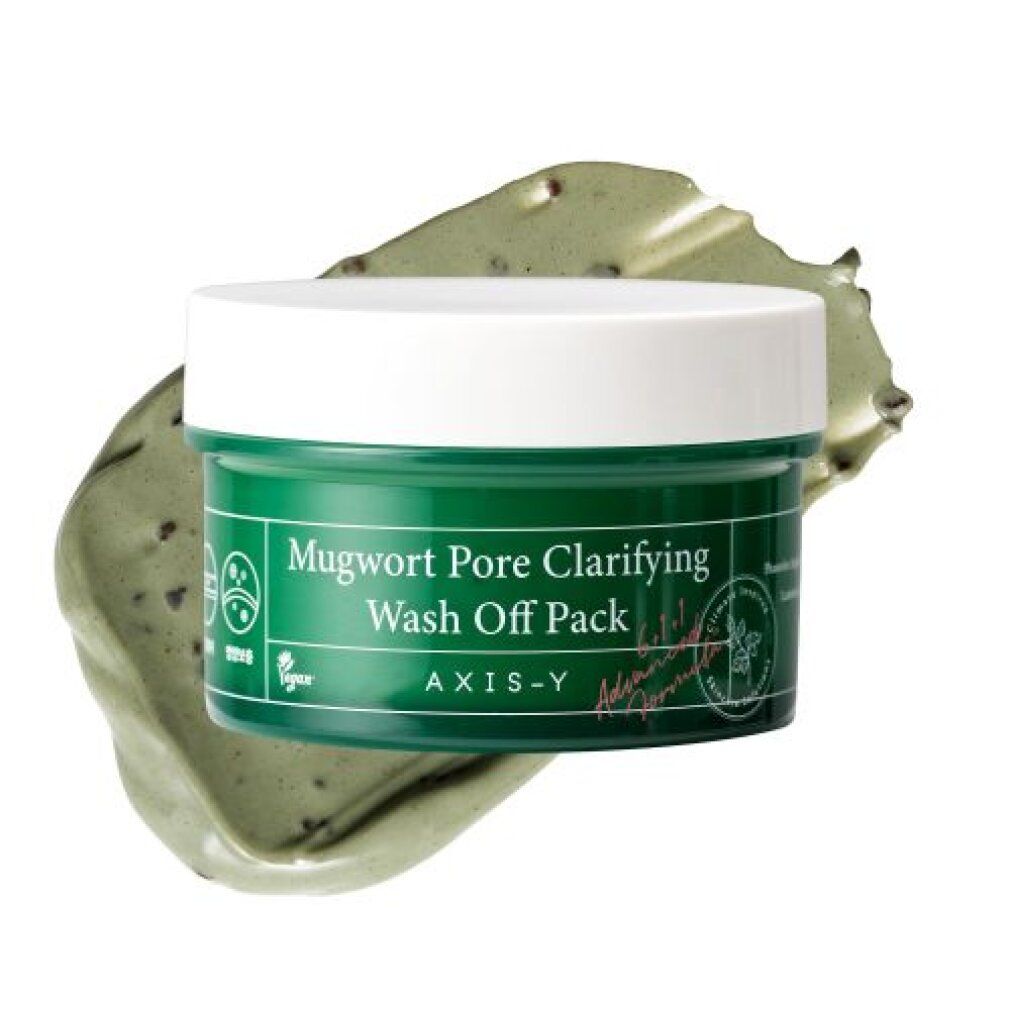 Grüner Tiegel mit Maske, daneben ein Klecks der Maskencreme mit sichtbaren Partikeln.