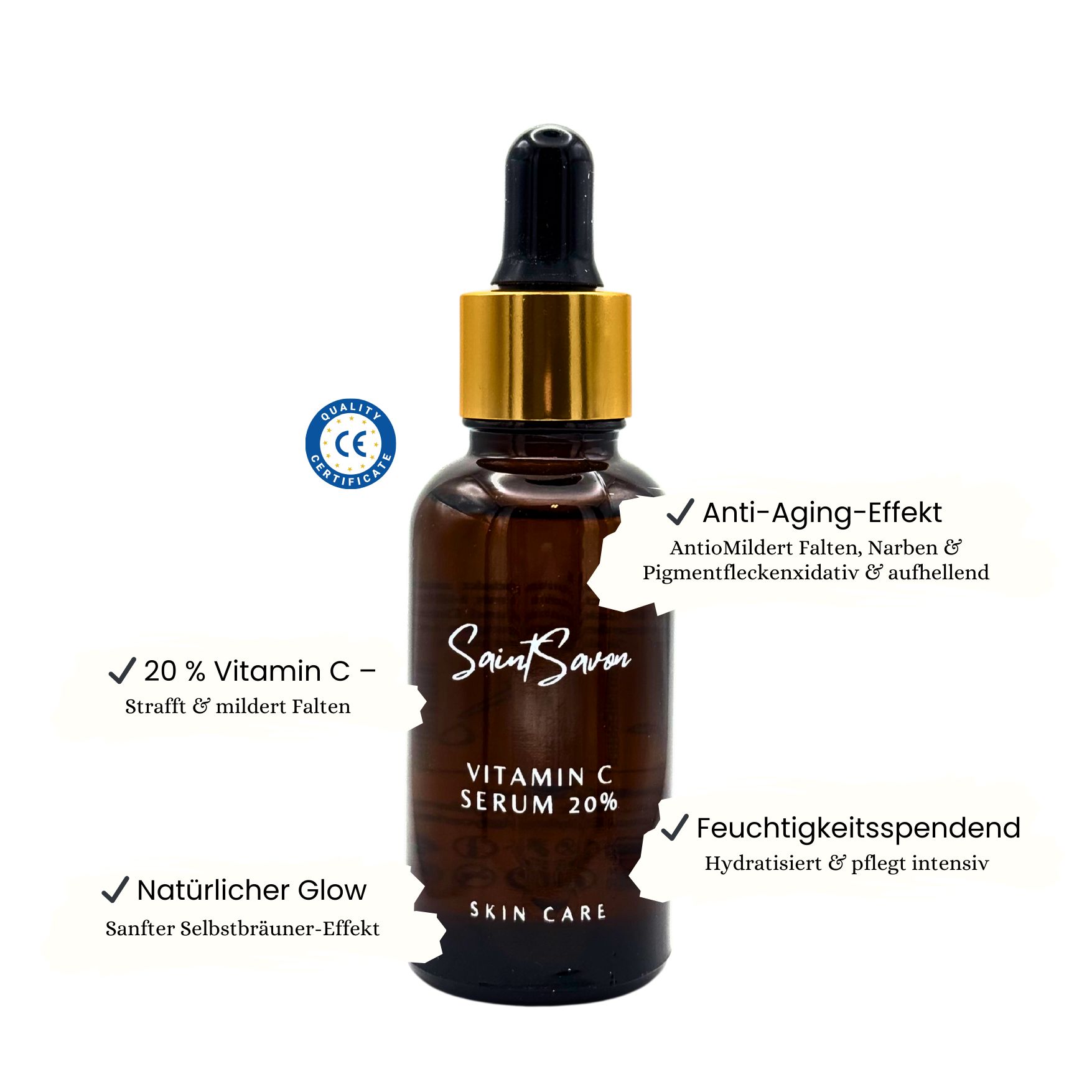 Braune Glasflasche mit goldener Pipette. Aufschrift: Saint Savon Vitamin C Serum 20% Skin Care. Mit Zertifizierungslogo.