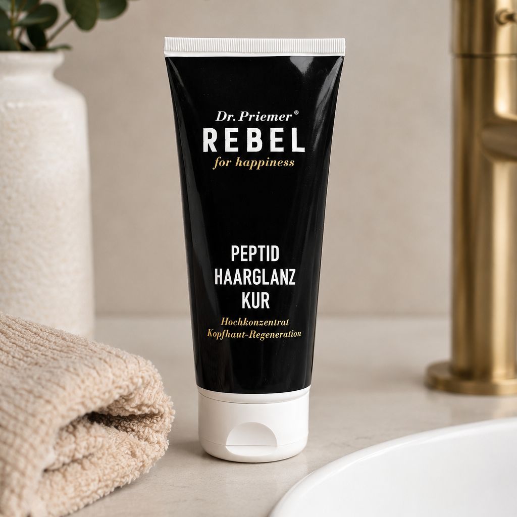 Schwarze Tube mit weißem Aufdruck: Dr. Priemer REBEL for happiness, Peptid Haarglanz Kur, Hochkonzentrat Kopfhaut-Regeneration.