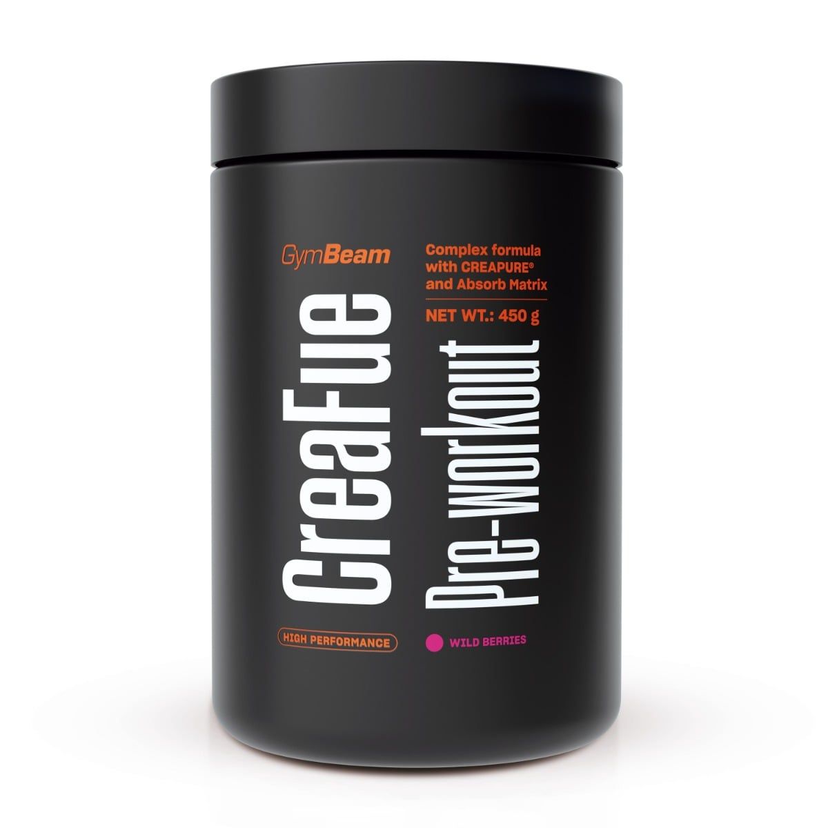 Schwarzer Behälter mit GymBeam CreaFue Pre-Workout Pulver. Enthält 450g. "Wild Berries" Geschmack.