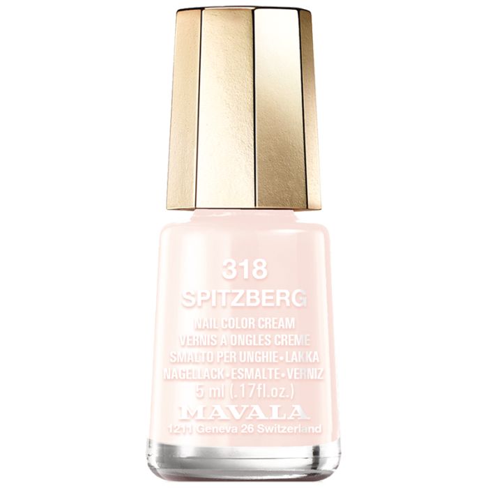 Hellrosa Nagellackflasche mit goldenem Deckel. Aufschrift: 318 Spitzberg, Nail Color Cream, Mavala.