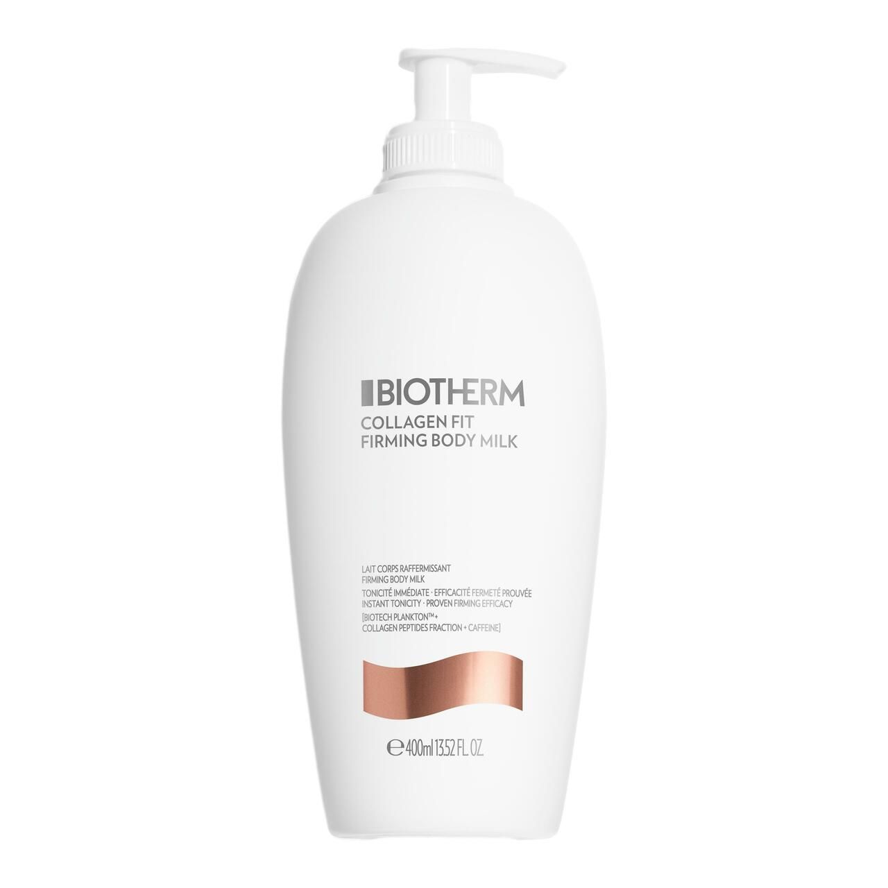 Weiße Flasche mit Pumpverschluss. BIOTHERM Collagen Fit Firming Body Milk. Text und kupferfarbenes Element.