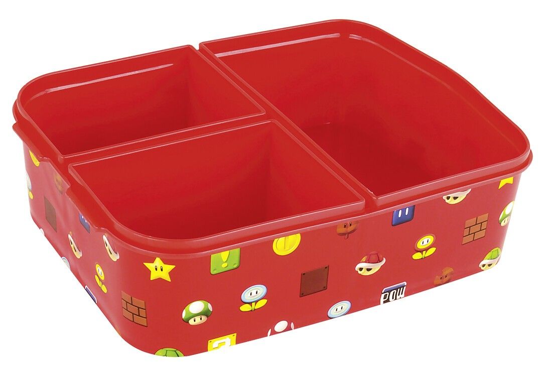 Rote Brotdose mit Super Mario-Motiven. Innenaufteilung in drei Fächer. Rote Basis mit Mario-Grafiken.
