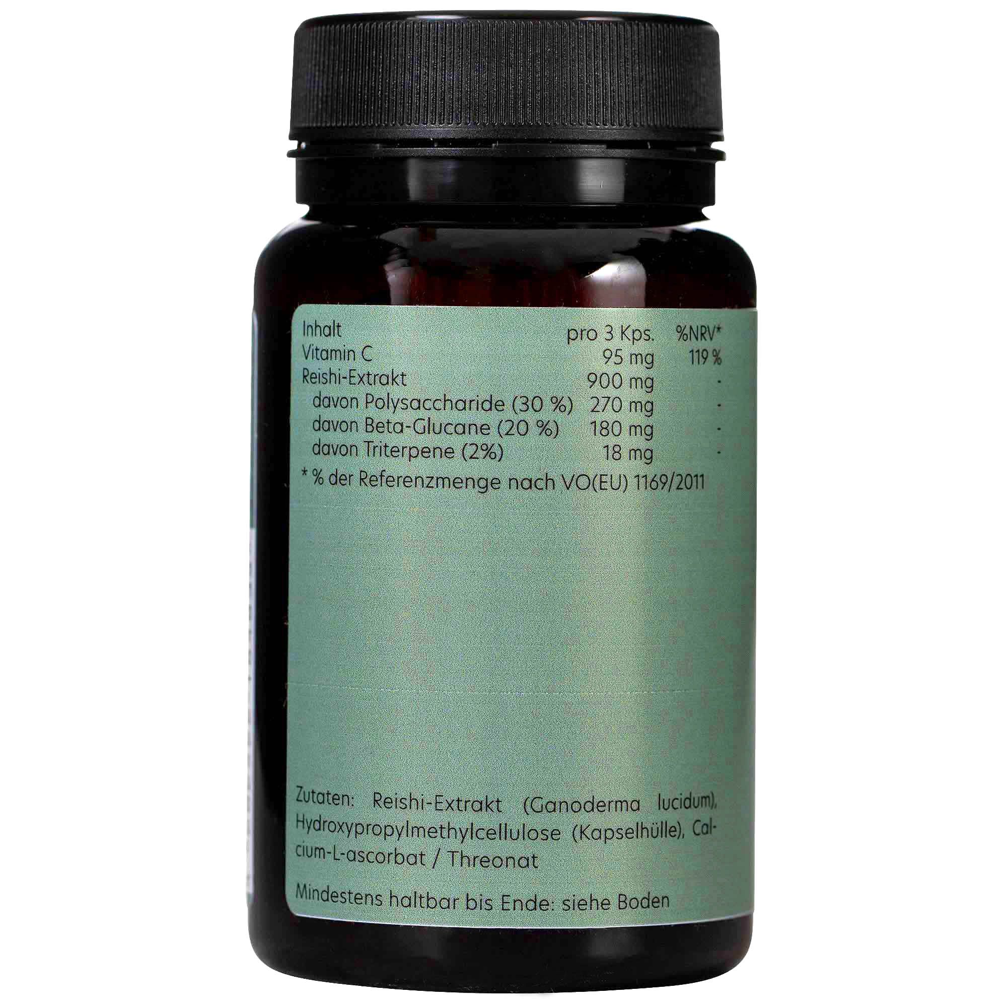 Braune Kapseln in einer braunen Flasche. Aufschrift: Vitamin C, Reishi-Extrakt. Zutatenliste und Nährwertangaben auf dem Etikett.