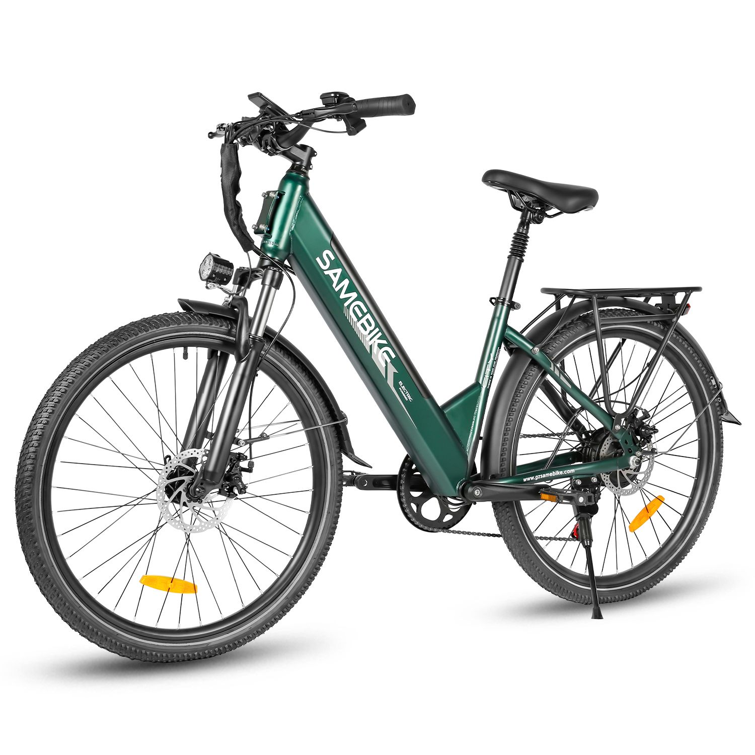 Grünes E-Bike. Marke SAMEBIKE. Schwarze Reifen, Gepäckträger, Scheinwerfer. 36V 15Ah Batterie.