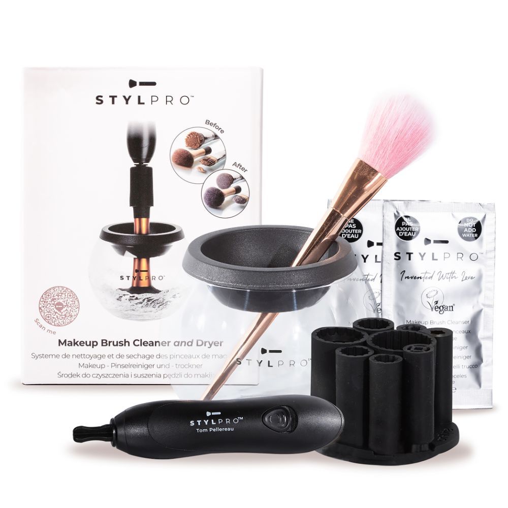 STYLPRO Pinselreiniger-Set mit Gerät, Halterung, Pinsel und Reinigungspäulchen.