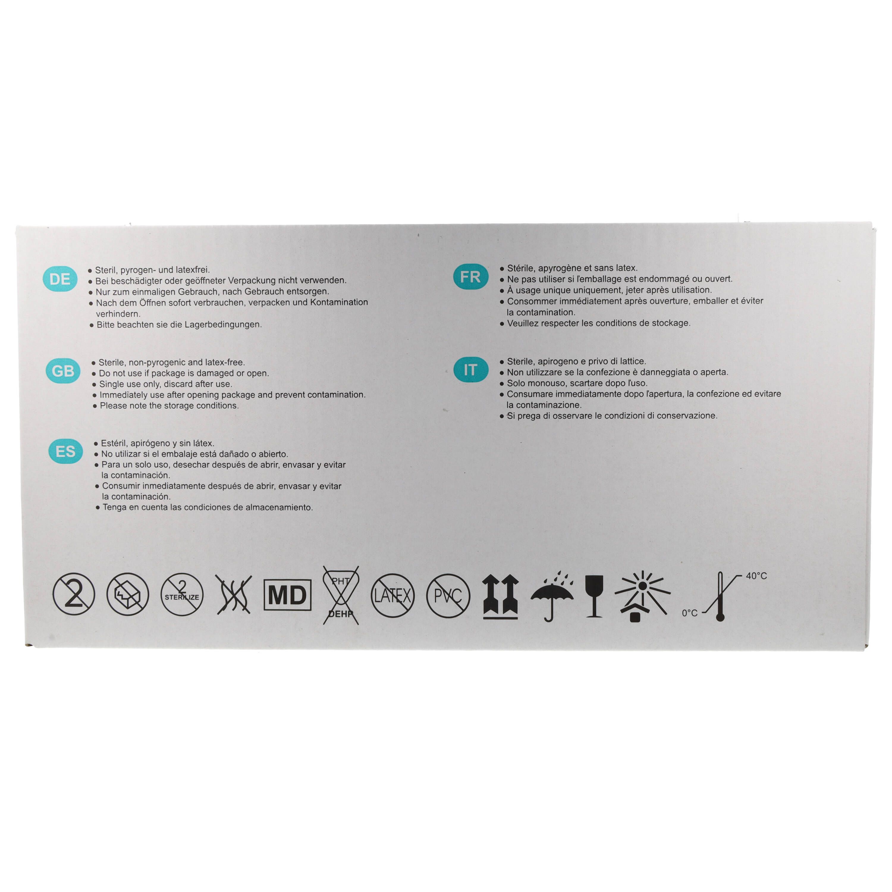 Rückseite der Verpackung mit Informationen zu Sterilität, Anwendung und Lagerung in mehreren Sprachen.