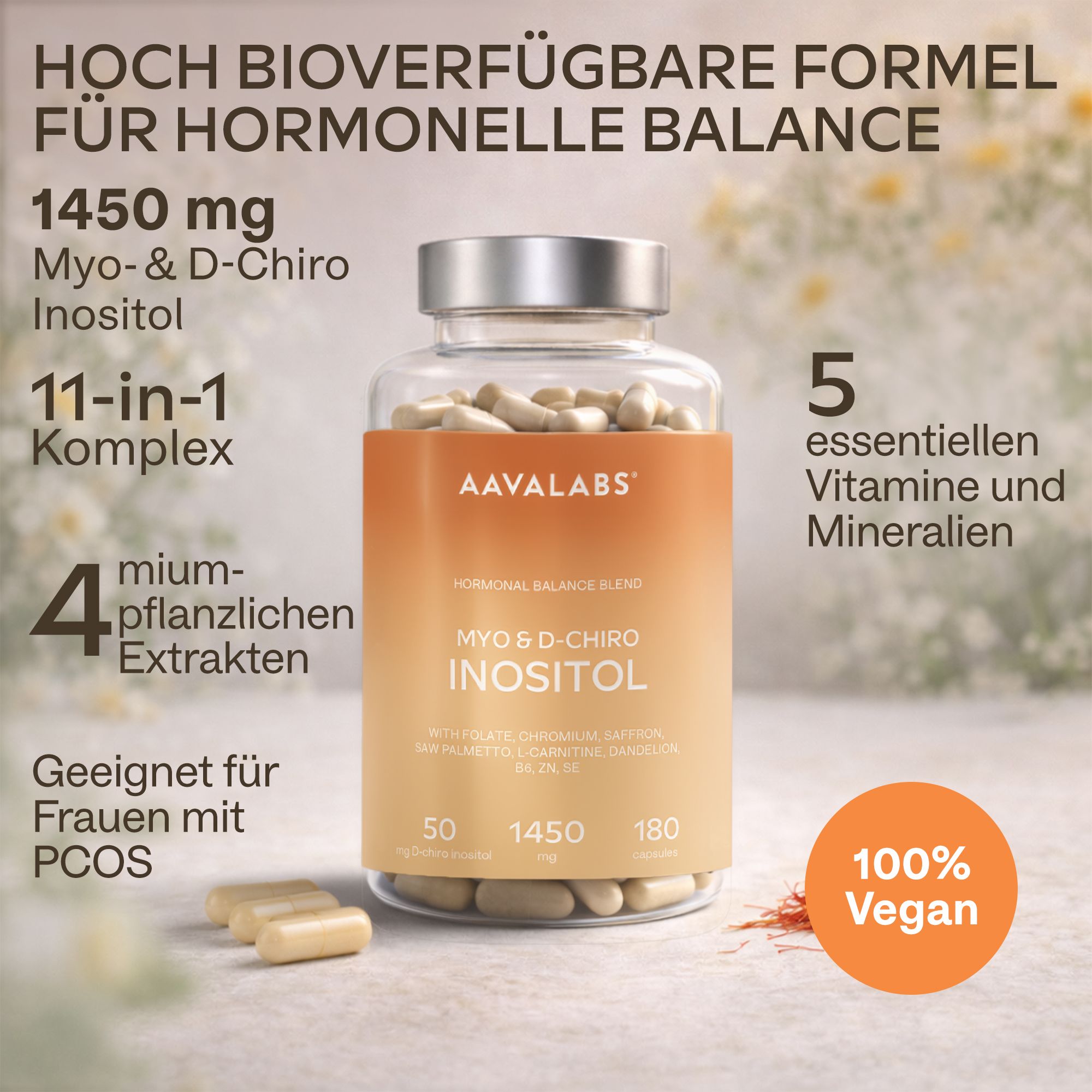 Produktflasche mit Text: Myo & D-Chiro Inositol. Geeignet für Frauen mit PCOS. 100% Vegan.