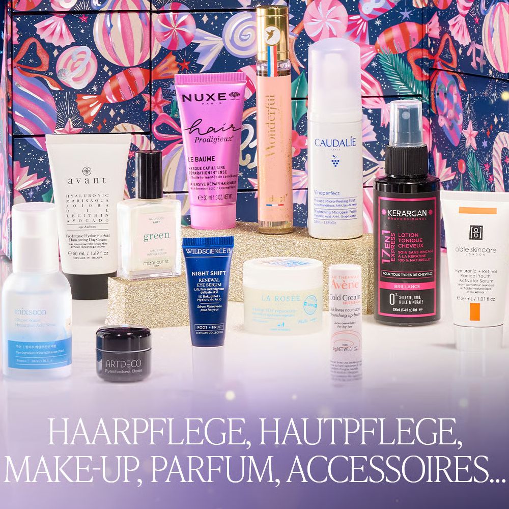 Adventskalender-Inhalt: Kosmetikprodukte. Marken: Avani, Nuxe, Caudalie, Artdeco, u.a. Text: Haarpflege, Hautpflege, Make-up, Parfum, Accessoires.