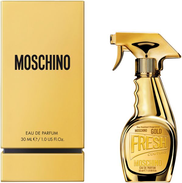 Goldfarbener Flakon und Verpackung. Aufschrift: MOSCHINO. Eau de Parfum. 30 ml/1.0 US Fl.Oz.