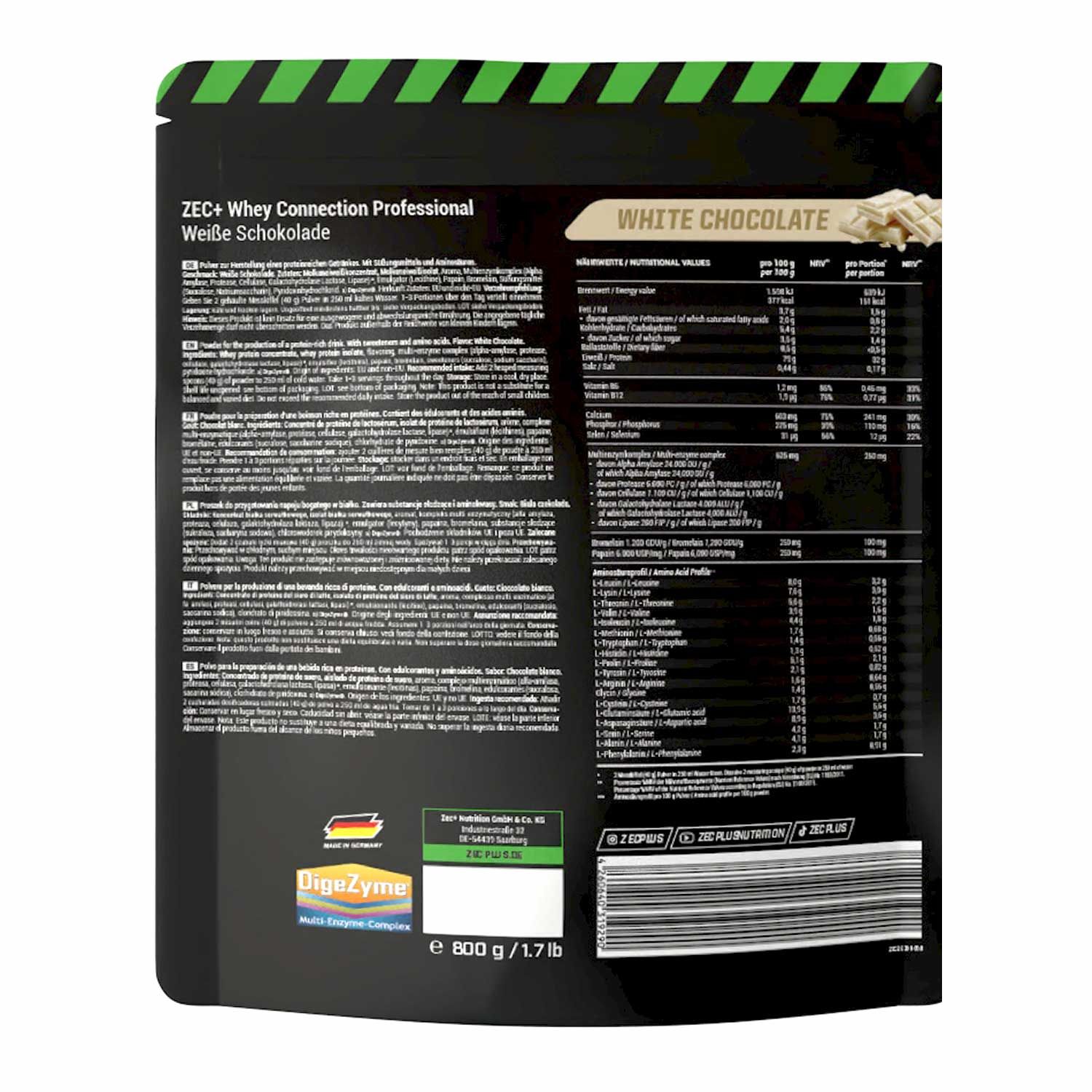 Rückseite der ZEC+ Whey Connection Professional Verpackung. Enthält Nährwertangaben und Produktinformationen. Weiße Schokolade.