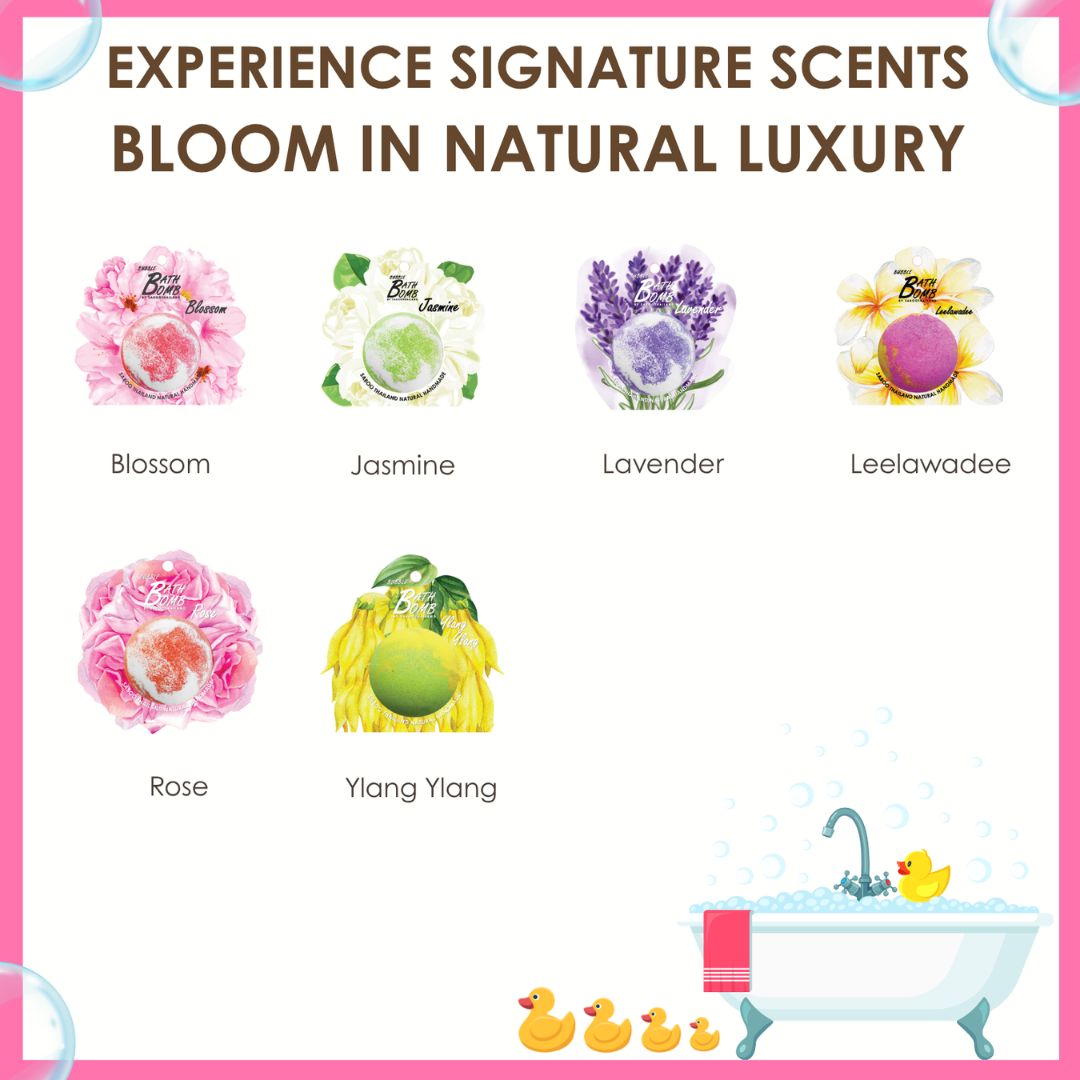 Verschiedene Bad Bomben mit Blüten-Dekoration. Text: Blossom, Jasmine, Lavender, Leelawadee, Rose, Ylang Ylang.