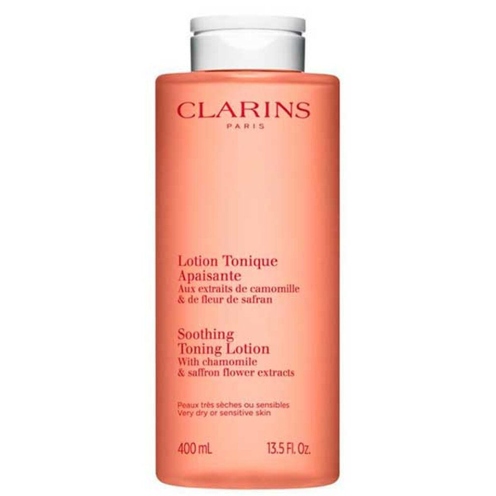 Rosa Flasche mit weißem Deckel. Aufschrift: CLARINS PARIS. Text: Lotion Tonique Apaisante. Mit Kamille & Safranblütenextrakten. 400 ml.