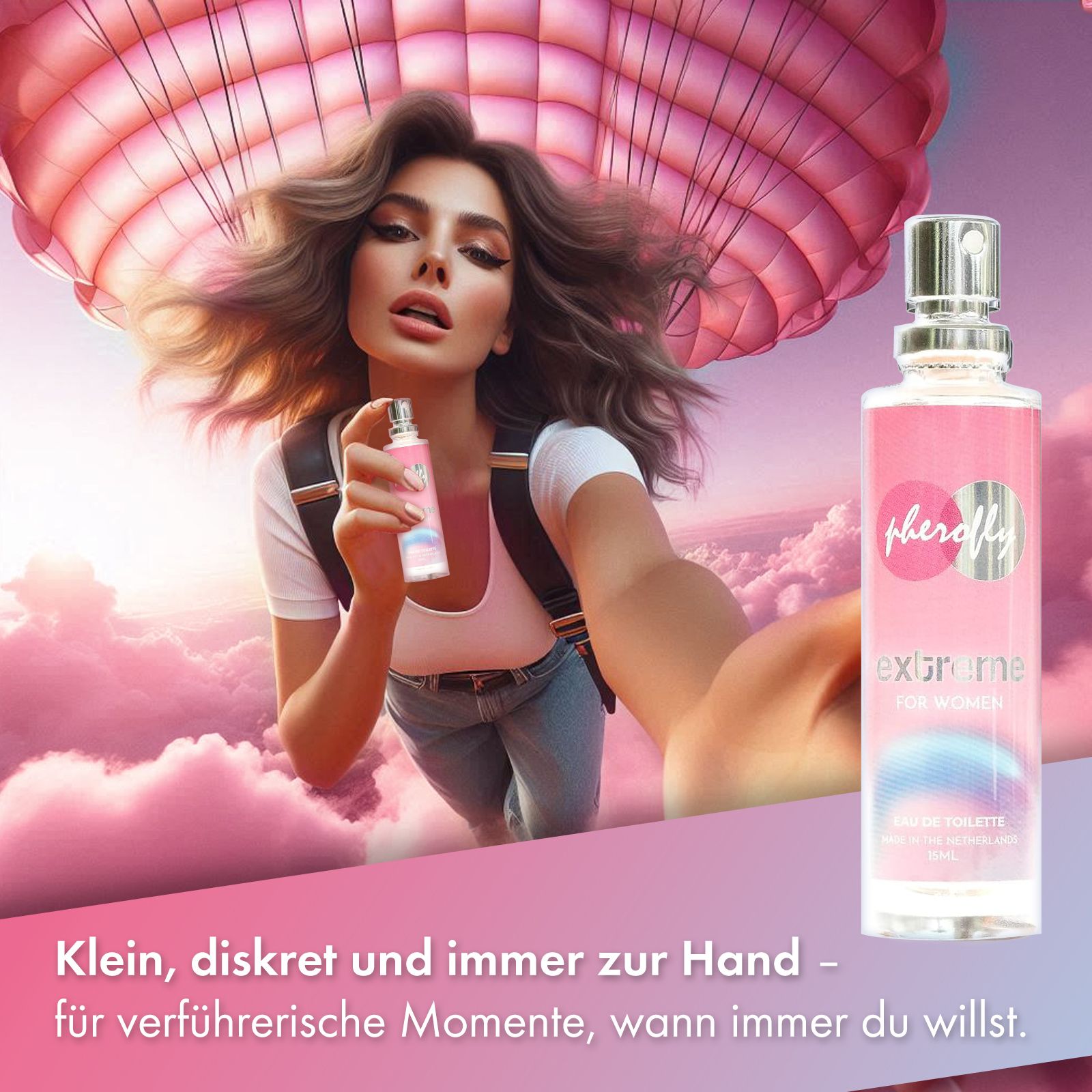 Pherofly Extreme für Frauen. Rosa Flakon. Produktabbildung mit Person. Klein, diskret und immer zur Hand.