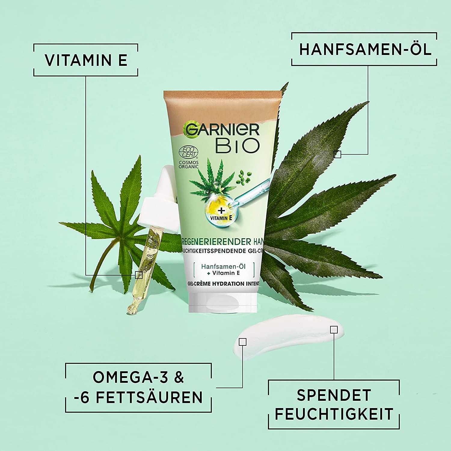 Garnier Gel-Crème, feuchtigkeitsspendend mit Bio-Hanf, regeneriert empfindliche Haut, mit Vitamin E