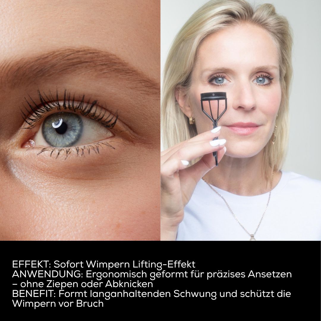 Frau hält eine Wimpernzange. Links ein Auge mit geschwungenen Wimpern. Text: Sofort Wimpern Lifting-Effekt, ergonomisch geformt.