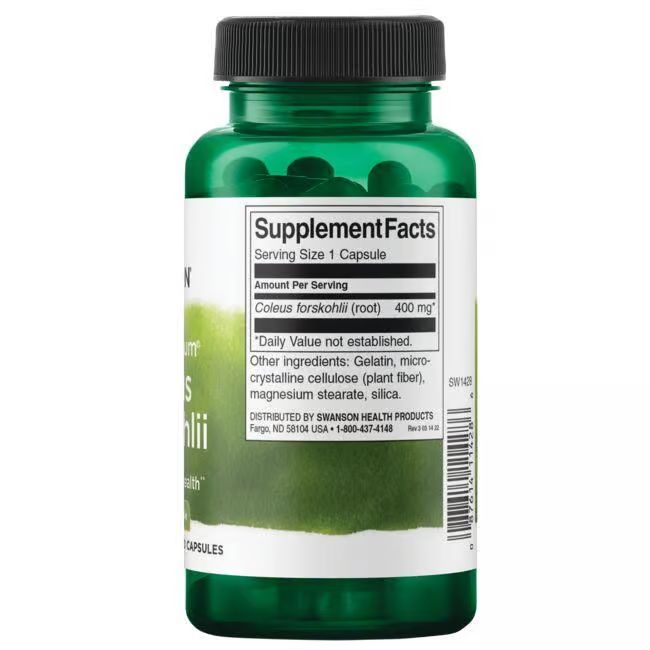 Rückseite einer grünen Flasche mit Kapseln. Aufschrift: Supplement Facts. Coleus forskohlii (Wurzel) 400 mg. Weitere Inhaltsstoffe.